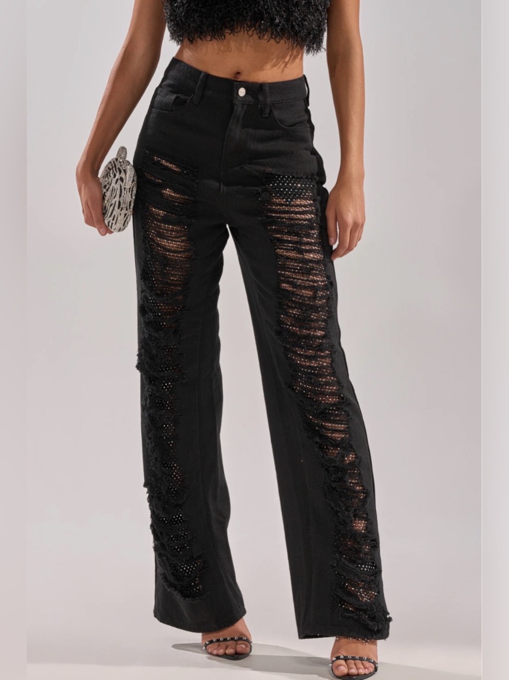 AKIRA Streetwear Black Clara Distressed wide-leg high-rise Jeans -Small